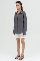 SUNMOR grey linen shirt and white linen relaxed shorts for women