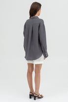 SUNMOR grey linen shirt and white linen relaxed shorts for women