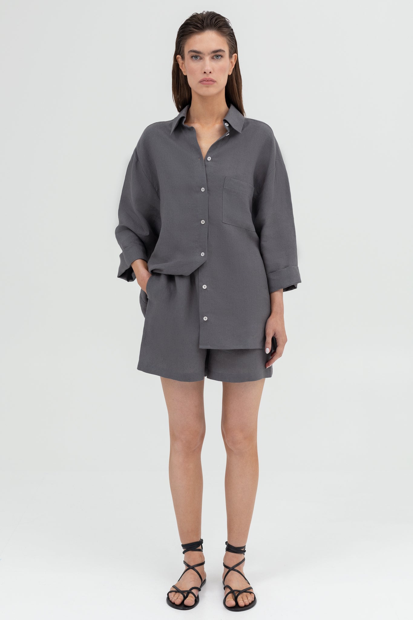 SUNMOR grey linen oversized shirt and grey linen oversized shorts for women