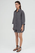 SUNMOR grey linen oversized shirt and grey linen oversized shorts for women