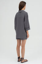 SUNMOR grey linen oversized shirt and grey linen oversized shorts for women