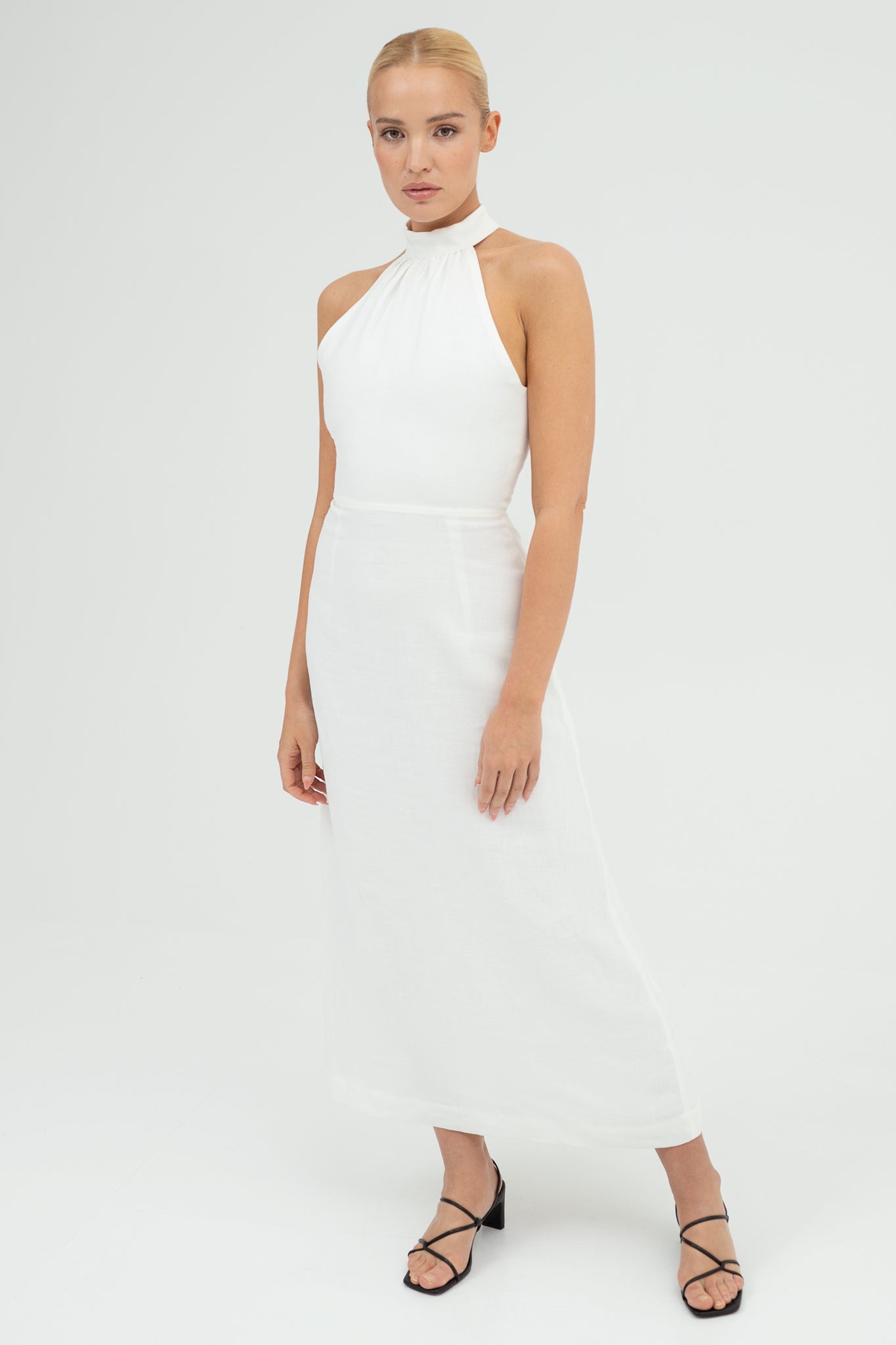 SUNMOR white linen midi dress for women