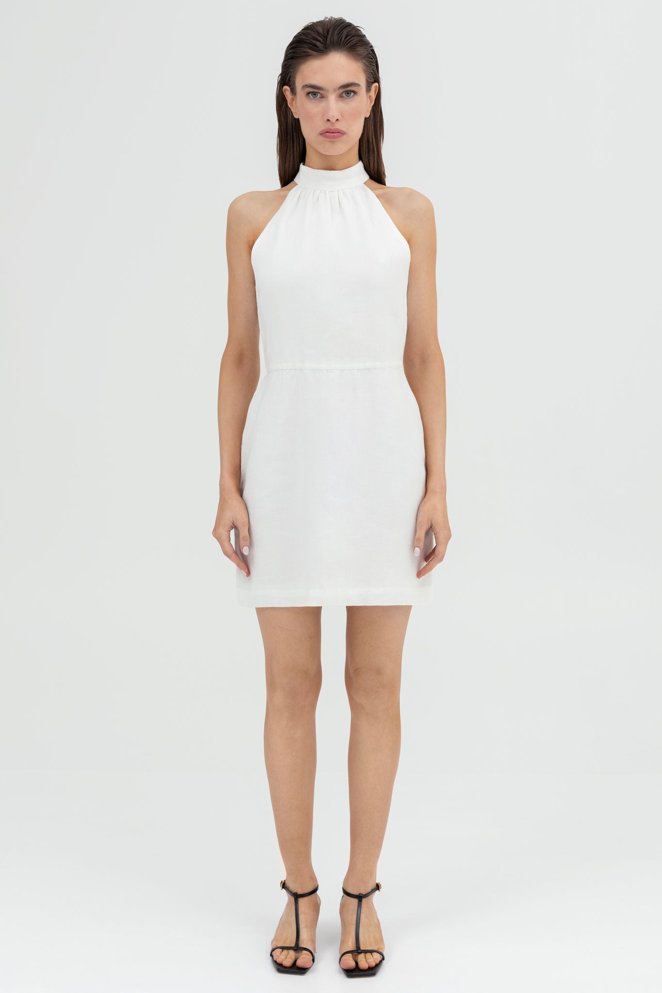 SUNMOR white linen mini dress for women