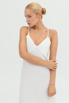 SUNMOR white linen slip midi dress for women